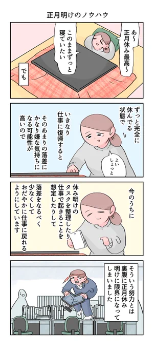 #正月 明けのノウハウ
--
「12カ月の仕事模様 byなか憲人 @tokuniaru 」#ヤメコミ #限界シリーズ #4コマ漫画 