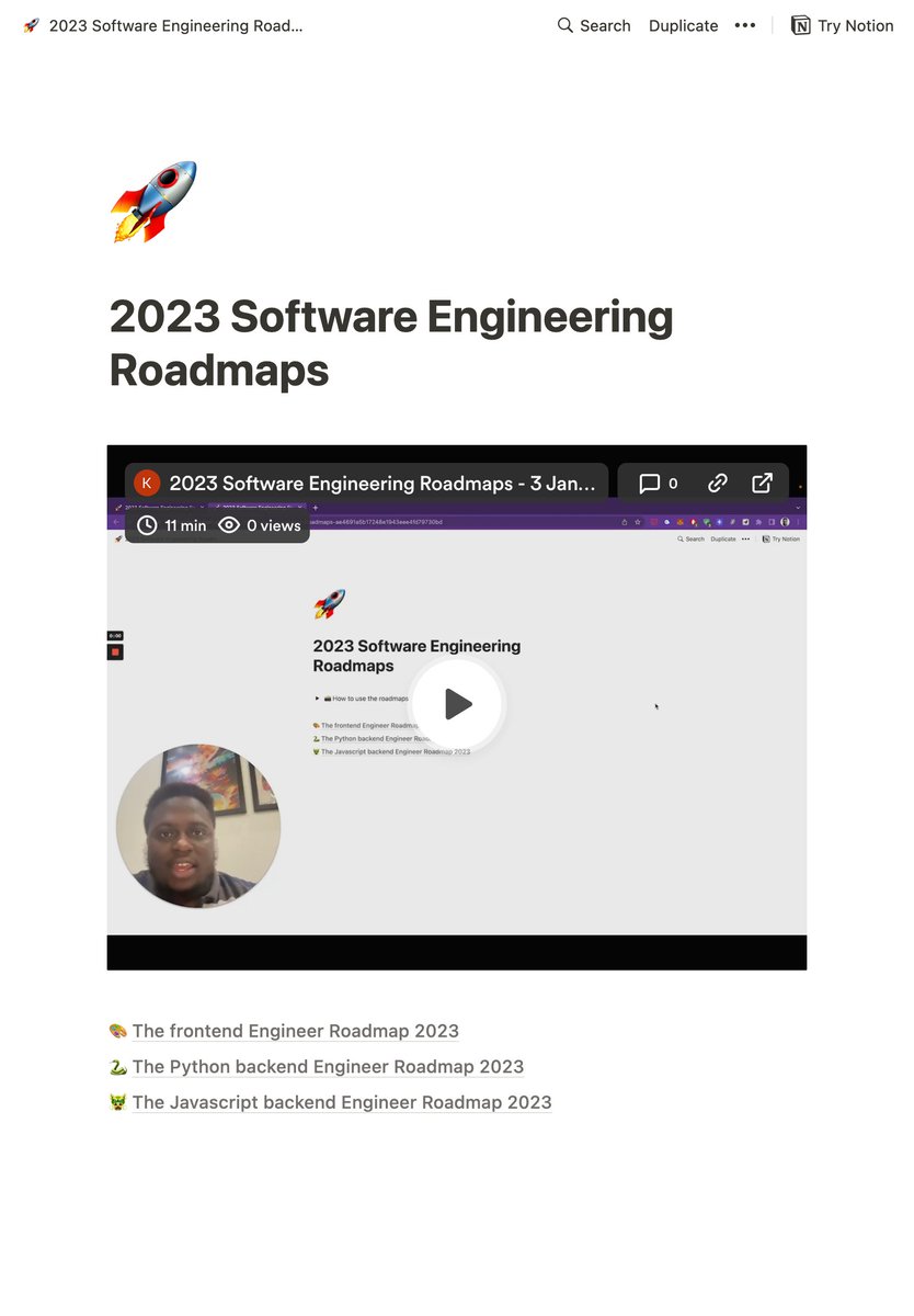 It's finally here ! The World Class Software Engineering Roadmap for 2023 What you'll get: ✅ ReactJS Frontend Roadmap ✅ Python Backend Roadmap ✅ NodeJS Backend Roadmap ✅ 100% free courses Comment 'roadmap' below and I will DM it to you for free (must be following)