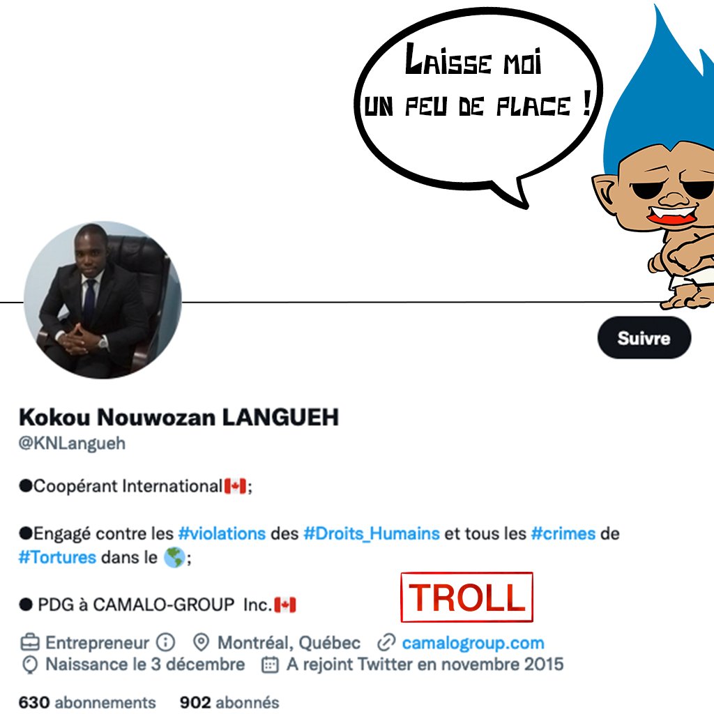 Trolls_HunTR_2's tweet photo. Le troll, cette espèce qui aime écrire sa description comme un CV... 

#THC #Osint #TrollHuntingClub #AfricanTrollHuntingCrew https://t.co/5AzGgl8Jjl