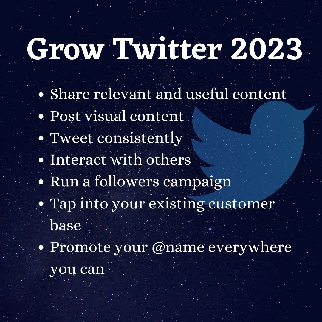 How to increase your Twitter followers:
1: Share relevant and useful content
2: Post visual content
3: Tweet consistently
4: Interact with others
5: Promote your <a href="/name/">dead</a> everywhere you can
6: Tap into your existing customer base
7: Run a followers campaign