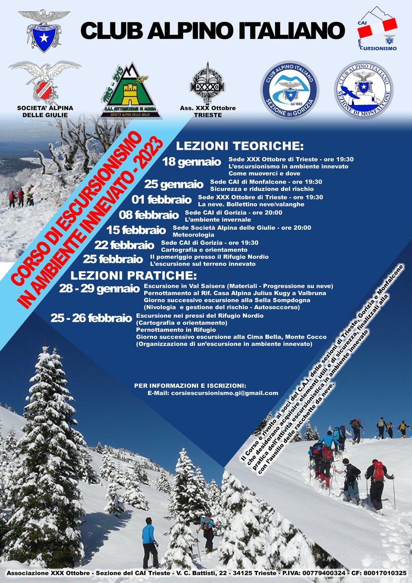 SAGTriesteCAI's tweet photo. ❓appassionati di #neve? 🏔
❓camminatori del tipo "mai senza #ciaspe"?😉
📌 dal 18.01 al 26.02 si terrà il CORSO di #ESCURSIONISMO in AMBIENTE INNEVATO EAI1!❄️
👉 info e iscrizioni https://t.co/m0Y7dHK7R1
#caisag #caitrieste #montagna #fvg @CAI150 @caifvg @caixxxottobre https://t.co/TgXVZXjVsg