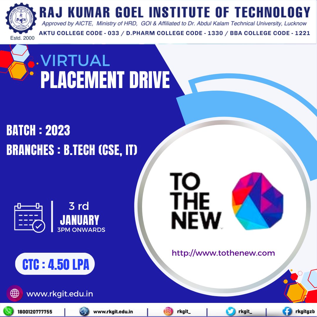 𝐓𝐎 𝐓𝐇𝐄 𝐍𝐄𝐖 Conducting a #virtualplacement drive
📅Date: 03-01-2023 (Tuesday)
🛄 Branches Allowed:  B.Tech (CSE, IT)
🧑🏻‍🎓 Batch: 2023
💰 CTC: 4.50 LPA
#getyourselfplaced #engineering  #BTech  #CSE #IT #topbtechinstitute #BestEngineeringCollege  #tothenew