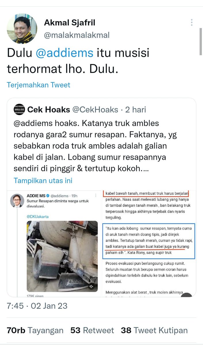 MARQUEZ__93's tweet photo. Wawancara melalui Telefon dengan Aditya P. Sub Koordinator SDA DKI, Truk Molen yg kejeblos di akui Bahwa kejebur sumur resapan.
Cara kerja Buzzer Anies akun @CekHoaks  untuk menangkal Berita Benar di Hoaks kan, Intinya Buzzer Anies Otaknya kebalik semua masih mau ngeles? https://t.co/2qwq60jnKG