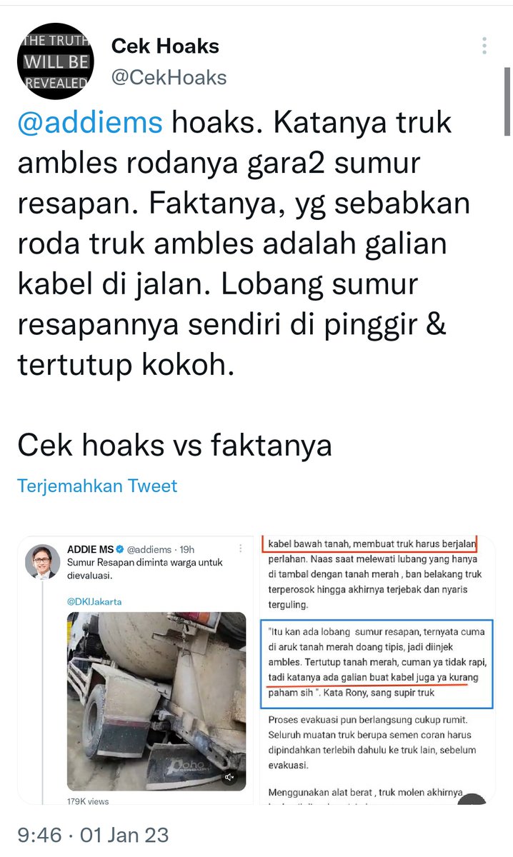MARQUEZ__93's tweet photo. Wawancara melalui Telefon dengan Aditya P. Sub Koordinator SDA DKI, Truk Molen yg kejeblos di akui Bahwa kejebur sumur resapan.
Cara kerja Buzzer Anies akun @CekHoaks  untuk menangkal Berita Benar di Hoaks kan, Intinya Buzzer Anies Otaknya kebalik semua masih mau ngeles? https://t.co/2qwq60jnKG