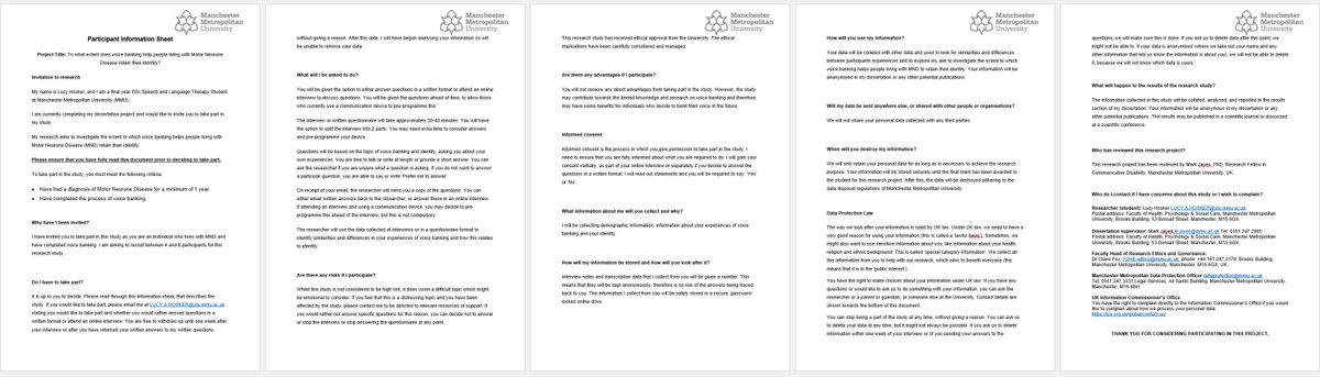 Are you a person living with MND and banked your voice? Or a professional working with someone that has?  Lucy Hosker is a final year SLT student researching how much voice banking may help people living with MND retain identity -  info in attached doc! pls help Lucy / pls share