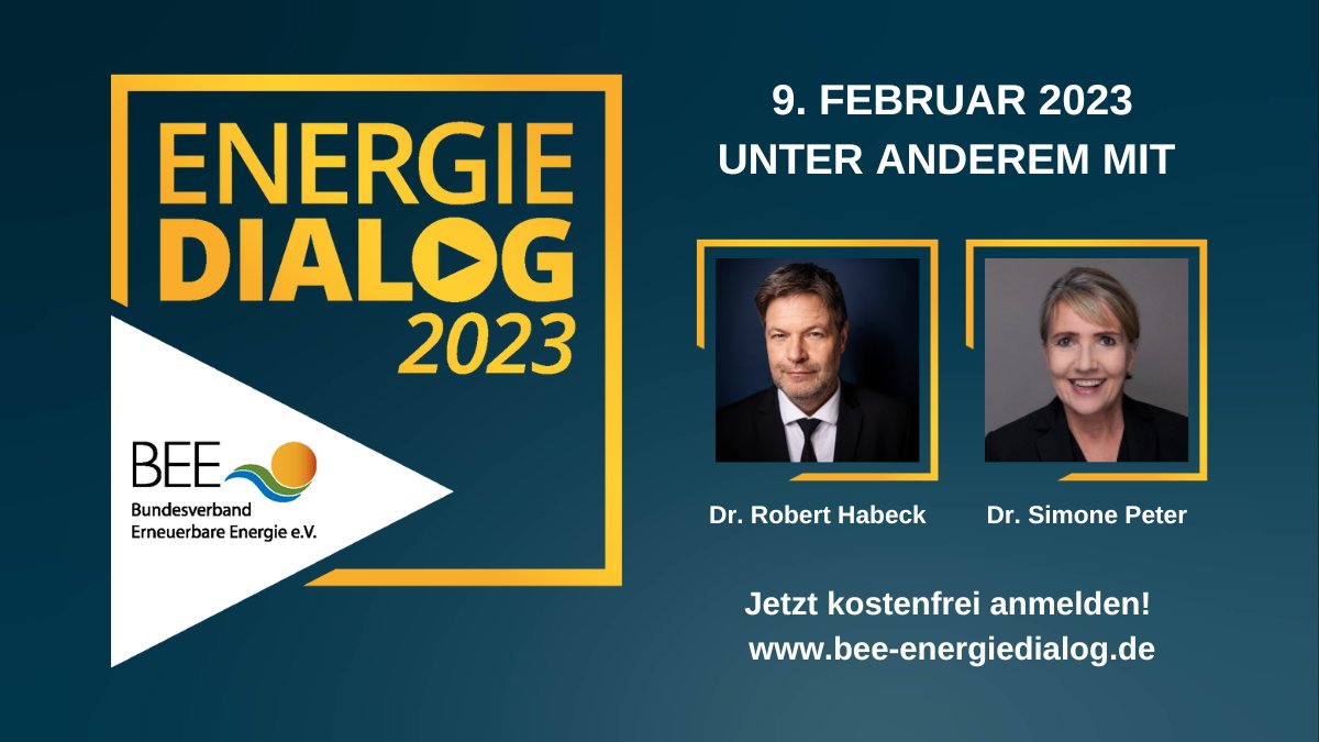 #Energiedialog2023: Jetzt anmelden zur Jahresauftaktveranstaltung der #Energiewirtschaft!
Wir freuen uns auf:
👉Dr. Robert Habeck, @BMWK 
👉Tobias Goldschmidt, @mekun_sh
👉<a href="/peter_simone/">Simone Peter 🌍 #Erneuerbare</a>, BEE
👉<a href="/MSteilemann/">Markus Steilemann</a>, <a href="/chemieverband/">VCI</a> 
👉 Stefan Kapferer, <a href="/50Hertzcom/">50Hertz</a> 

bee-energiedialog.de
