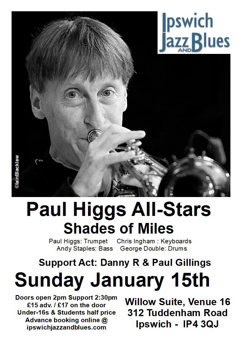 Stephen Foster (@stephenfoz) on Twitter photo After the stunning @SHAKATAK_UK gig a month ago <a href="/ipsjazzandblues/">Ipswich Jazz and Blues</a> kicks off its 2023 offerings with <a href="/ThePaulHiggs/">Paul Higgs</a> performing <a href="/milesdavis/">Miles Davis</a>. Do not miss this big treat at <a href="/venue16ipswich/">Venue16</a> on Sunday 15/1/23. Support comes from #DannyR and @paulgillings76. #jazz #blues #Ipswich #gigs After the stunning @SHAKATAK_UK gig a month ago <a href="/ipsjazzandblues/">Ipswich Jazz and Blues</a> kicks off its 2023 offerings with <a href="/ThePaulHiggs/">Paul Higgs</a> performing <a href="/milesdavis/">Miles Davis</a>. Do not miss this big treat at <a href="/venue16ipswich/">Venue16</a> on Sunday 15/1/23. Support comes from #DannyR and @paulgillings76. #jazz #blues #Ipswich #gigs