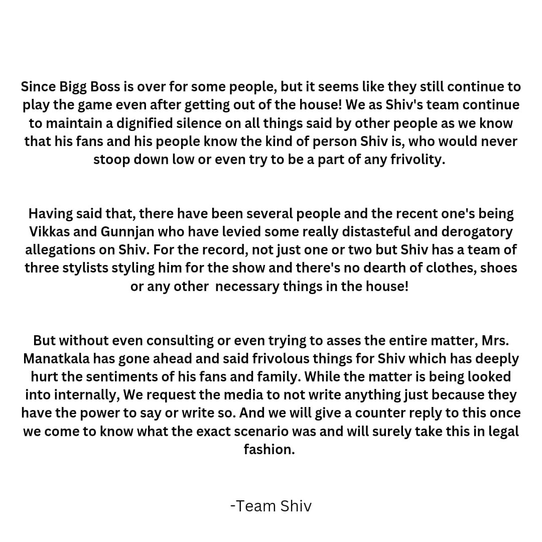 Official Statement from Team #ShivThakare 

#ShivThakare #TeamShiv #ShivKiSena #ShivSquad #BB16    #BiggBoss16