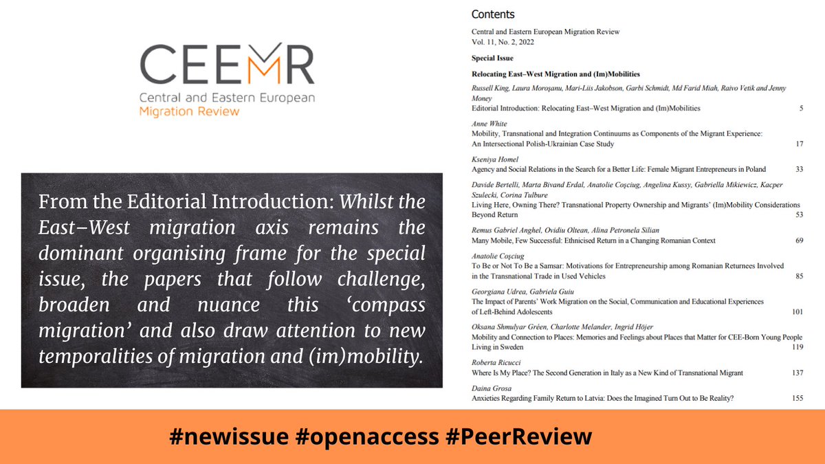 Our new issue, "Relocating East-West Migration and (Im)Mobilities", is out! Nine amazing papers with the editorial introduction by editors: Russell King, Laura Moroşanu, Mari-Liis Jakobson, Garbi Schmidt, <a href="/DrFaridmiah/">Farid Miah</a>, Raivo Vetik and Jenny Money: ceemr.uw.edu.pl/issues/vol-11-…