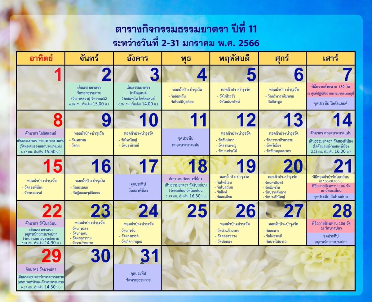 DMCupdates's tweet photo. ขอเชิญพุทธศาสนิกชน ร่วมโปรย
กลีบดอกเบญจทรัพย์และดอกทรัพย์บานชื่น
ต้อนรับพระภิกษุธรรมยาตรา 1,139 รูป 
ในโครงการธรรมยาตรา เส้นทางพระผู้ปราบมาร 
ปีที่ 11 

ในวันที่ 2-31 เดือนมกราคม พ.ศ. 2566
(กรุณาเข้าพื้นที่นั่งให้พร้อมอย่างน้อย 1 ชั่วโมง)
https://t.co/Nbwr79f0EP https://t.co/ATyjplhEK2