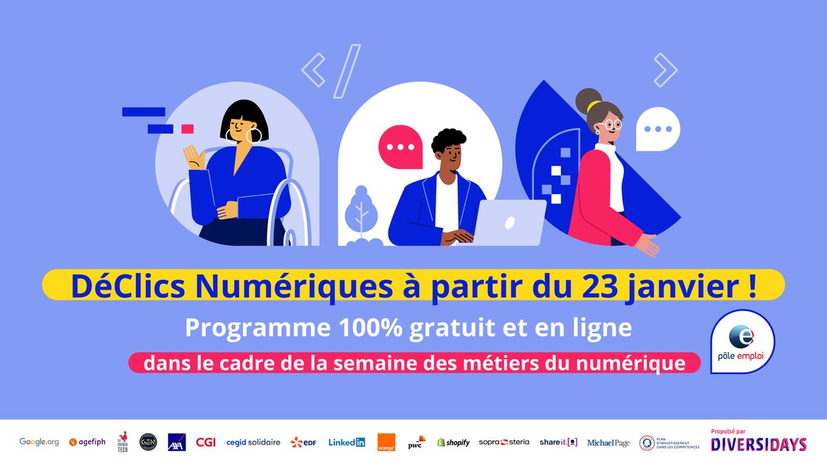 Participez à la 5️⃣ème édition de la semaine des métiers du #numérique du 23>>27 janvier🚀
Bénéficiez du programme #DéClicsNumériques pour être accompagné dans votre #reconversion vers cette filière par <a href="/diversidays/">Diversidays</a> 
➡️declics-numeriques.com

#TousMobilisés #AvecPoleEmploi