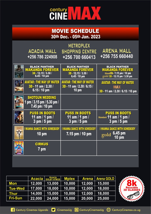 .@CinemaxUg schedule
30th Dec to 05th Jan

#CcAcacia
#CcArena
#CcMetroplex