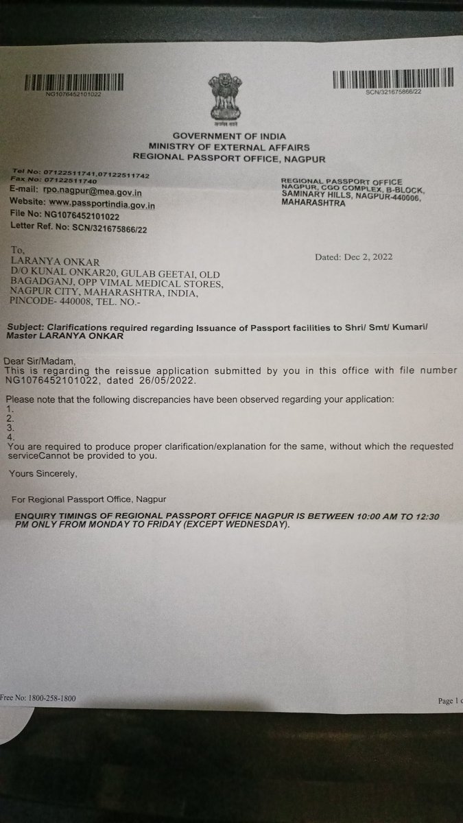 kunalonkar's tweet photo. @passportsevamea @IndianDiplomacy 
My Daughter's Passport is hanging in the waves with no updates whatsoever. Yesterday we received the attached letter to produce the clarification. 
My question is what to clarify?? When there aren't any points mentioned in section 1 to 4?? https://t.co/3iwNWUj0eP