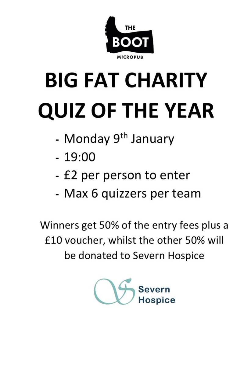 CHARITY QUIZ NIGHT 🧠🧐

🌀Monday 9 January
🌀19:00
🌀£2 per person to enter, max of 6 quizzers per team

Winners receive 50% of the entry fees plus a £10 voucher to spend in the pub. The remaining 50% will be donated to Severn Hospice 💚

#lovewellington 💚