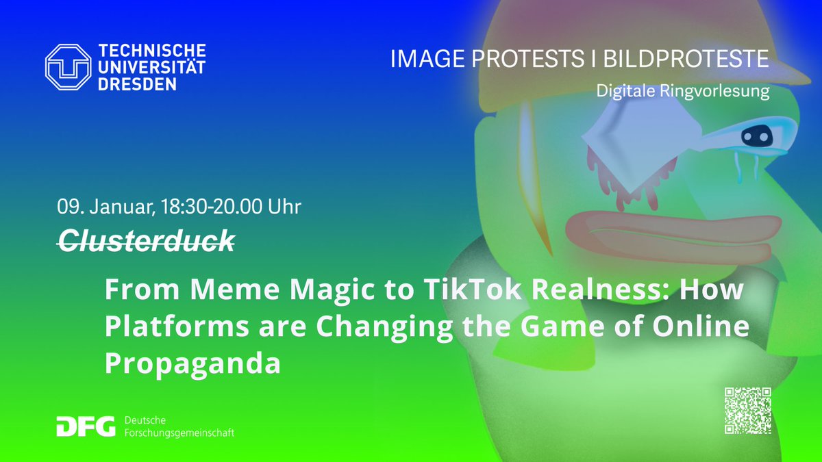 📢We start the new year with the interdisciplinary collective <a href="/realclusterfuck/">Clusterduck</a>. Don't miss their investigations on internet based content and the impact of memes on contemporary aesthetics and politics. Join the lecture and register here👉🏿tud.link/hiay👈🏿 @GSW_TUDresden