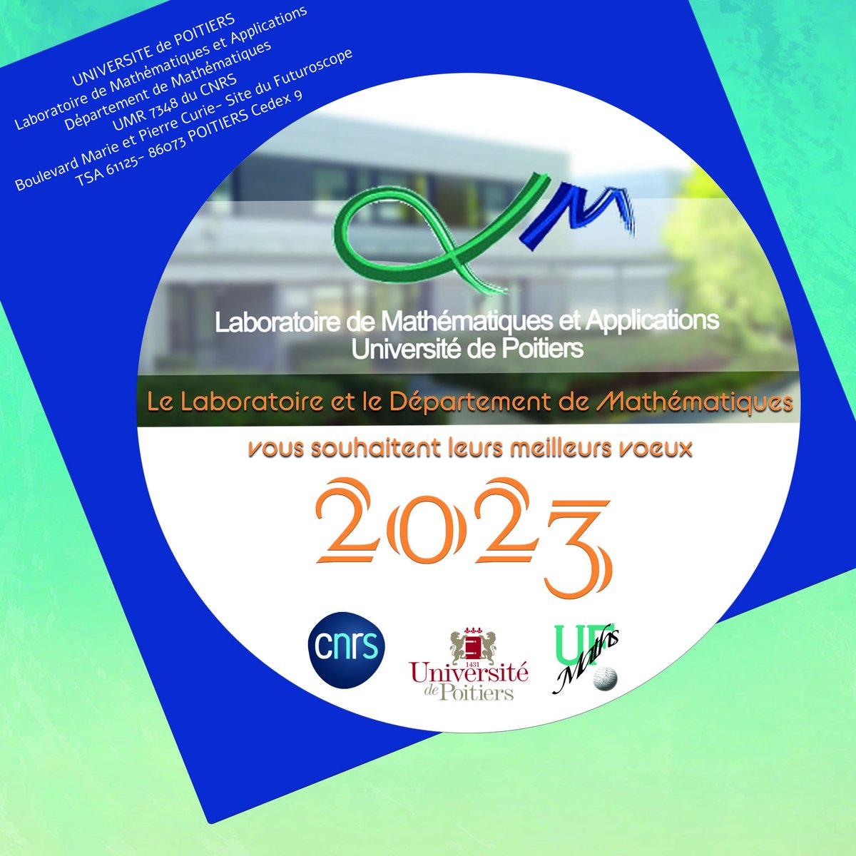 [Bonne année !]
Le <a href="/LMAPoitiers/">LMA_Poitiers</a> vous souhaite à toutes et tous une très bonne #annee2023 ! 🤩