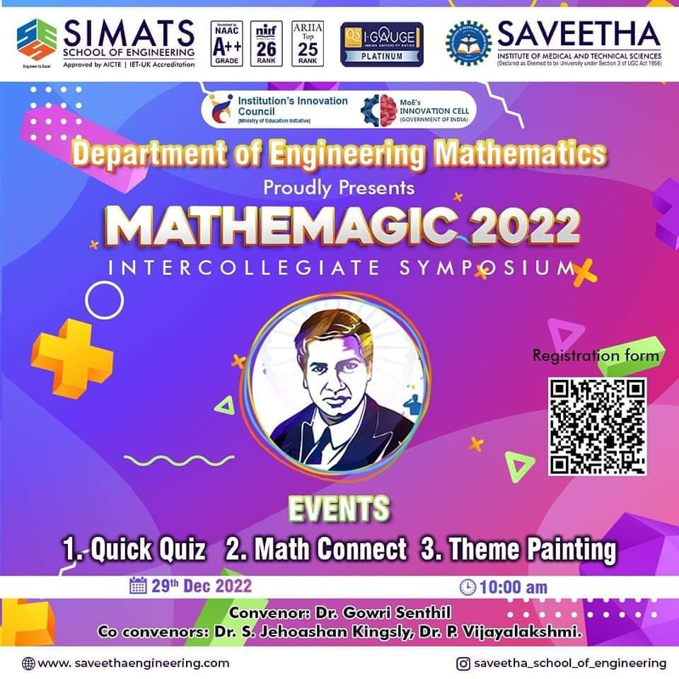 Department of Engineering Mathematics proudly presents 'MATHEMAGIC 2022' Intercollegiate Symposium on 29.12.22, 10AM.
#mhrd #engineeringmathematics #symposium @mhrd_innovation