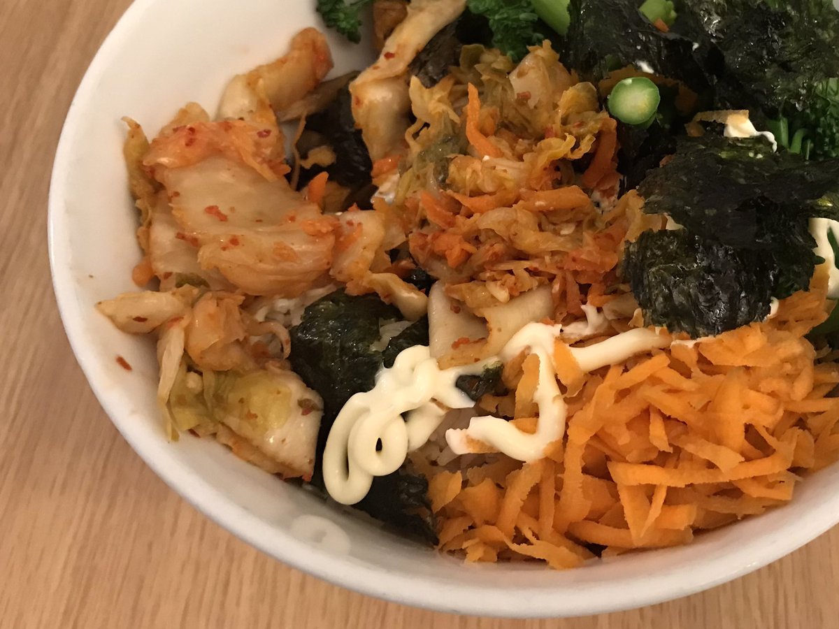 Perhaps too much going on? Brown rice/chilli tofu/mushroom/baby corn/asparagus/broccolini/carrot/kimchi/seaweed/kewpi (Inspired by <a href="/jenniferdown/">spooky spice</a>) #cooking4one