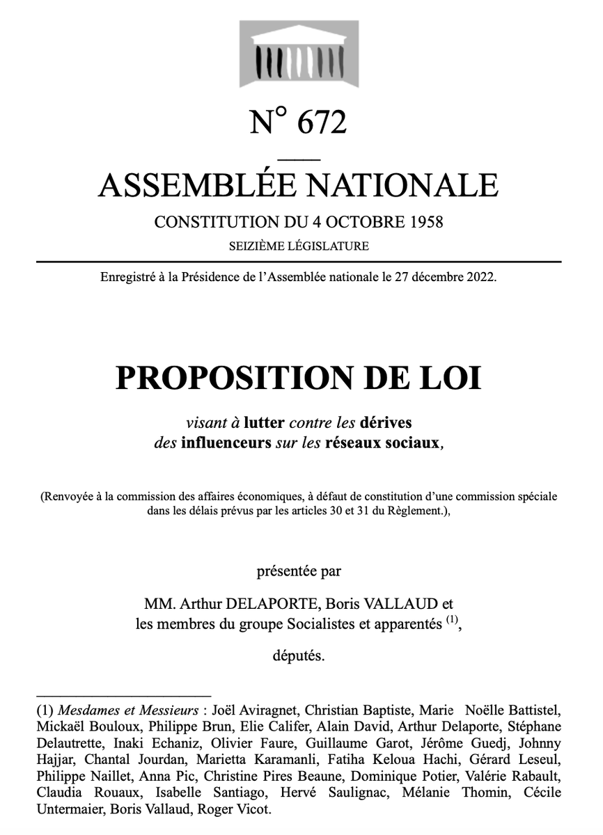 CJuridiques's tweet photo. "Proposition de loi visant à lutter contre les dérives
des influenceurs sur les réseaux sociaux" déposée le 27 décembre 2022 à l'Assemblée nationale ! 👇 https://t.co/sHW5PX6nhR