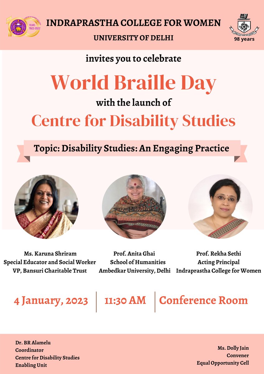 ipcollegedu's tweet photo. Indraprastha College for Women @ipcollegedu @UnivofDelhi is celebrating the World Braille Day with the launch of its New Centre - ' Centre for Disability Studies'.
#disability #disabilityisability #ipcw #worlbrailleday https://t.co/cKpiUvQFAS