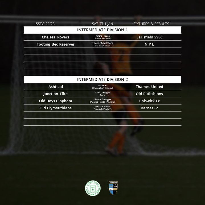 Surrey South Eastern Combination (@ssecfl) on Twitter photo Happy new year everyone!
Here are the first set of fixtures in 2023 for the IDs!⚽
<a href="/chelsearoversfc/">Chelsea Rovers Football Club</a> <a href="/EarlsfieldFC/">Earlsfield FC</a> <a href="/TootingBecFC/">Tooting Bec FC</a> <a href="/NPLFC/">NPLFC</a> <a href="/AshteadFc/">Ashtead FC</a> <a href="/Thames_United/">Thames United</a> <a href="/junctionelitefc/">Junction Elite FC</a> <a href="/oldrutsfootball/">Old Ruts Football</a> <a href="/OldBoysClapham/">OBC</a> <a href="/ChiswickFc/">Chiswick Football Club</a> <a href="/OldPlymouthians/">Old Plymouthians FC</a> <a href="/BarnesFootball/">Barnes Football Club</a> Happy new year everyone!
Here are the first set of fixtures in 2023 for the IDs!⚽
<a href="/chelsearoversfc/">Chelsea Rovers Football Club</a> <a href="/EarlsfieldFC/">Earlsfield FC</a> <a href="/TootingBecFC/">Tooting Bec FC</a> <a href="/NPLFC/">NPLFC</a> <a href="/AshteadFc/">Ashtead FC</a> <a href="/Thames_United/">Thames United</a> <a href="/junctionelitefc/">Junction Elite FC</a> <a href="/oldrutsfootball/">Old Ruts Football</a> <a href="/OldBoysClapham/">OBC</a> <a href="/ChiswickFc/">Chiswick Football Club</a> <a href="/OldPlymouthians/">Old Plymouthians FC</a> <a href="/BarnesFootball/">Barnes Football Club</a>