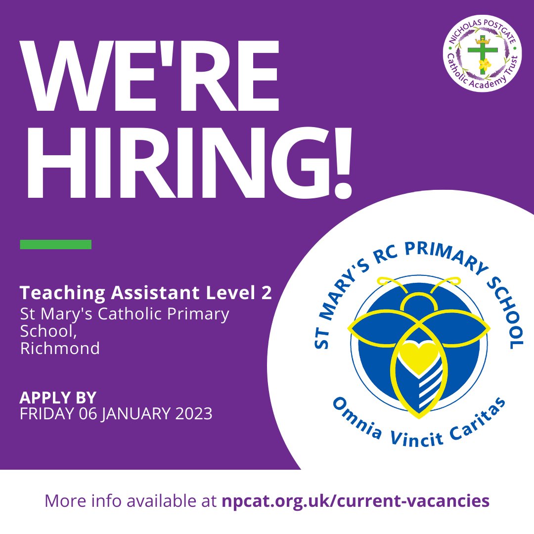Nicholas Postgate Catholic Academy Trust has a vacancy for a  Teaching Assistant Level 2 at <a href="/StMarysRichmond/">St Mary's RC Primary</a>. Closing date is Friday 6th January. 

Click the link for an application pack ⬇️⬇️⬇️
drive.google.com/file/d/1lmTuDF…