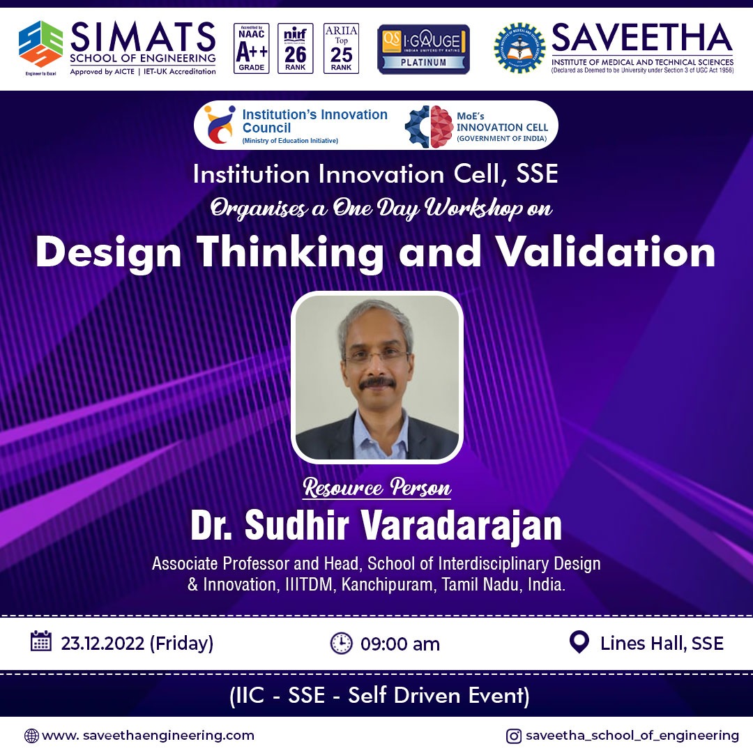 SIMATS_IIC's tweet photo. One Day IIC Workshop on " Design Thinking and Validation" organised by IIC - SSE on 23.12.22 at 9 AM
#InstitutionInnovationCouncil #ministryofeducation #simats #SSE #MHRD #IndustryInnovationandInfrastructure #partnershipforgoals #SDGs #designthinkingworkshop @mhrd_innovation https://t.co/K9BgUDEw2e