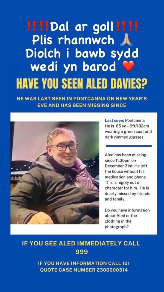 Mae’r teulu yn gofyn i bobl sydd â busnesau a’n dychwelyd i’r gwaith heddi i edrych ar y lluniau cctv rhag ofn bod Aled wedi cerdded heibio. *PLEASE* Check any CCTV in Pontcanna/Canton area to see if he walked past before/around midnight 31 Jan. #Missing #AledGlynne