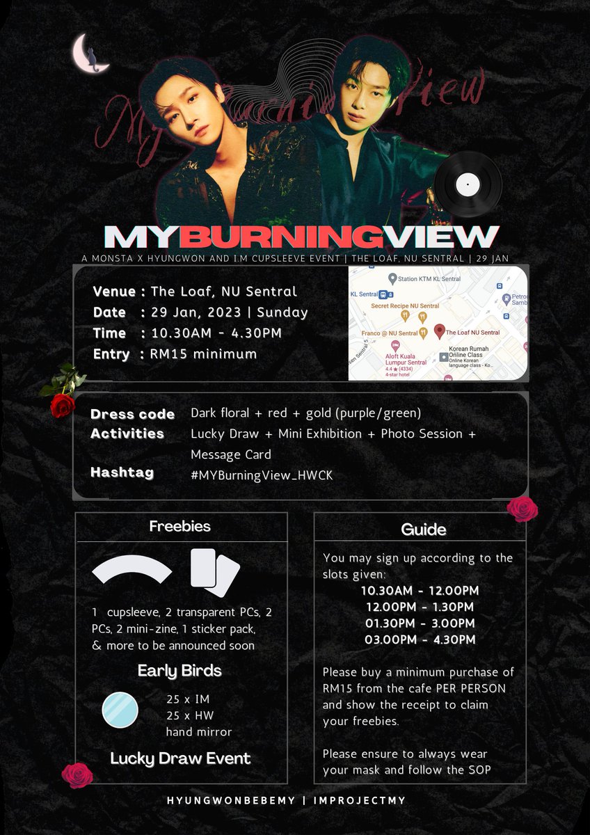 IMPROJECTMY's tweet photo. 🌹💜💚 #MYBurningView_HWCK 💚💜🌹

📌 29 January 2023, Sunday
📍The Loaf, NU Sentral, KL
✨ Monsta X Hyungwon and I.M Birthday Event

🪶 RSVP here: https://t.co/b2tKKn2Rvd https://t.co/SeWRofhhft