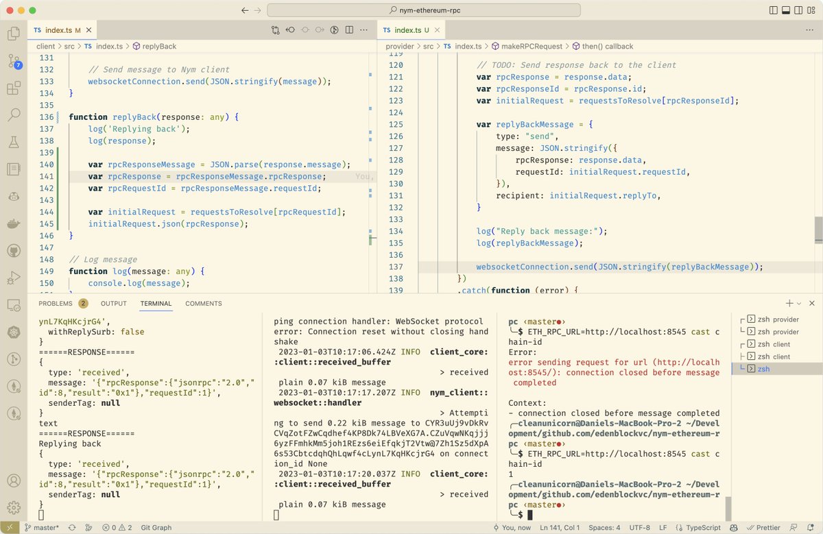 cleanunicorn's tweet photo. Working on a @nymproject Ethereum RPC mixer. Just received the first successful response back.

Need to clean up the code and publish this now. https://t.co/e8ty4qeMZa