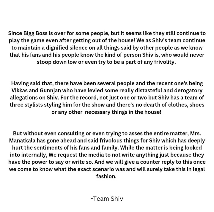 Official Statement from Team #ShivThakare 

#ShivThakare #TeamShiv #ShivKiSena #ShivSquad #BB16    #BiggBoss16