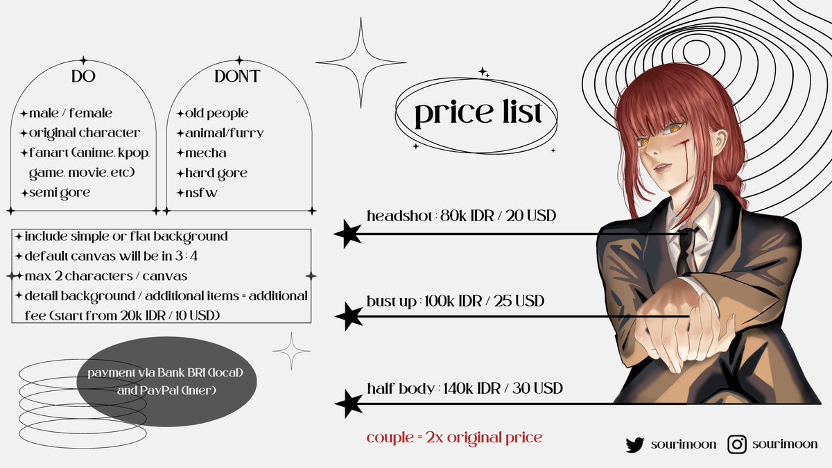 sourimoon's tweet photo. OPEN COMMISSION 
(RTs and likes are very appreciated)

Hi! I'm opening commission for locals (Indonesia) and international. If you're interested, just DM me for orders and feel free for asking any info about my commission 

#opencommission #commissionsopen #Commission #artidn https://t.co/7y0AISb9t8