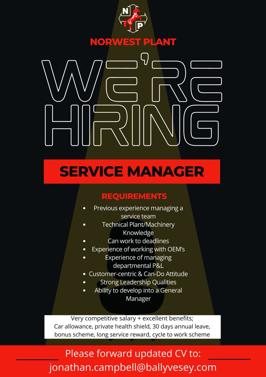 NorwestPlant's tweet image. ** Position Reposted **

#NewJob #NewHire #ServiceManager #ServiceDepartment
@Ballyvesey