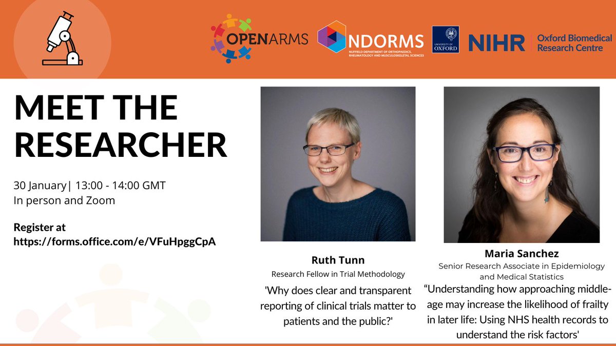 ndorms's tweet photo. Join us for the first ‘Meet the researcher’ of 2023! We’ll be talking about clinical trials, and how we can use health records to understand risk factors of frailty in later life.

🗓 Monday 30 January, 1 – 2pm
📍 @BotnarOxford or online

Register here 👉 https://t.co/uzzQbuX0oF https://t.co/neDYI0DzUt