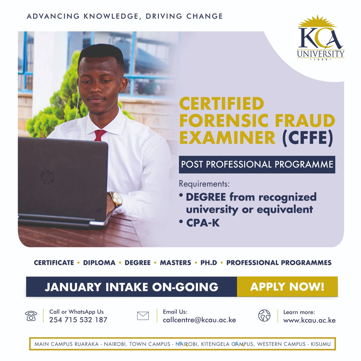 kcauniversity's tweet photo. Do you aspire to become a Certified Forensic Fraud Examiner?
Register today with a Bachelor's degree or a Kasneb professional qualification.
Stay competitive. Apply Now for #January2023Intake: https://t.co/l3Dyc17qTy
#NoLimitsAnywhere https://t.co/dF83mQqxZ6
