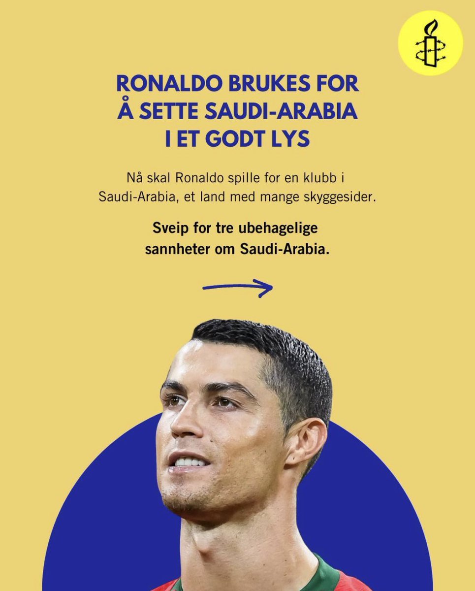 Amnesty_Norge's tweet photo. 🧵 I dag presenteres @cristiano for @AlNassrFC_EN i Saudi-Arabia 🇸🇦⚽️

Kjøpet er et ledd i statens forsøk på å styrke eget omdømme og avlede oppmerksomheten vekk fra menneskerettighetsbruddene

Vi ønsker mer fokus på menneskene som opplever overgrepene

#CR7 #AlNasserFC #AlNassr https://t.co/q7D4zuk8aQ