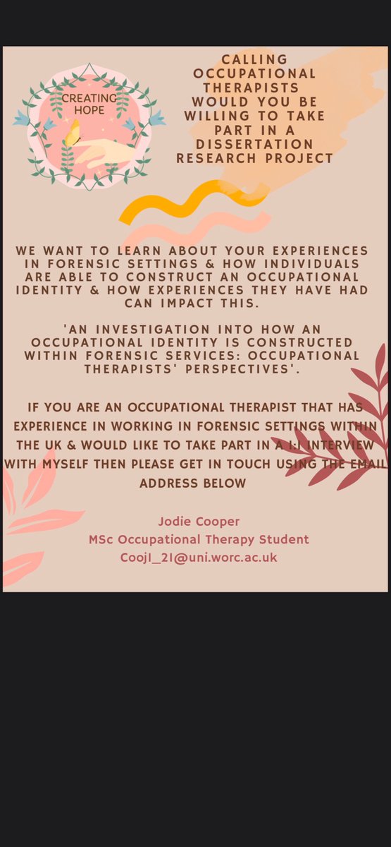 Jodie 💫 (@jodiecooper_ot) on Twitter photo 📣Calling all OT’s who have experience within Forensic settings📣
I’m looking to interview OT’s who have experience working in Forensic settings
Please email cooj1_21@uni.worc.ac.uk if you would like to take part or for more information.#RCOT #OTforensic 📣Calling all OT’s who have experience within Forensic settings📣
I’m looking to interview OT’s who have experience working in Forensic settings
Please email cooj1_21@uni.worc.ac.uk if you would like to take part or for more information.#RCOT #OTforensic