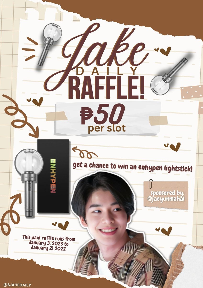 sjakedaily's tweet photo. 📢LIGHTSTICK RAFFLE

SJD is giving away an ENGENE BONG sponsored by @jaeyunmahal. All proceeds will be used for Jake Daily &amp; Team Jake fan projects.

~Mbf us
~Like&amp;rt
~Avail slot for Php 50 ea (no slot limit)

Kindly fill out this form to secure a slot!!
🔗https://t.co/1pRIWWr9is https://t.co/jAKmfRODjw
