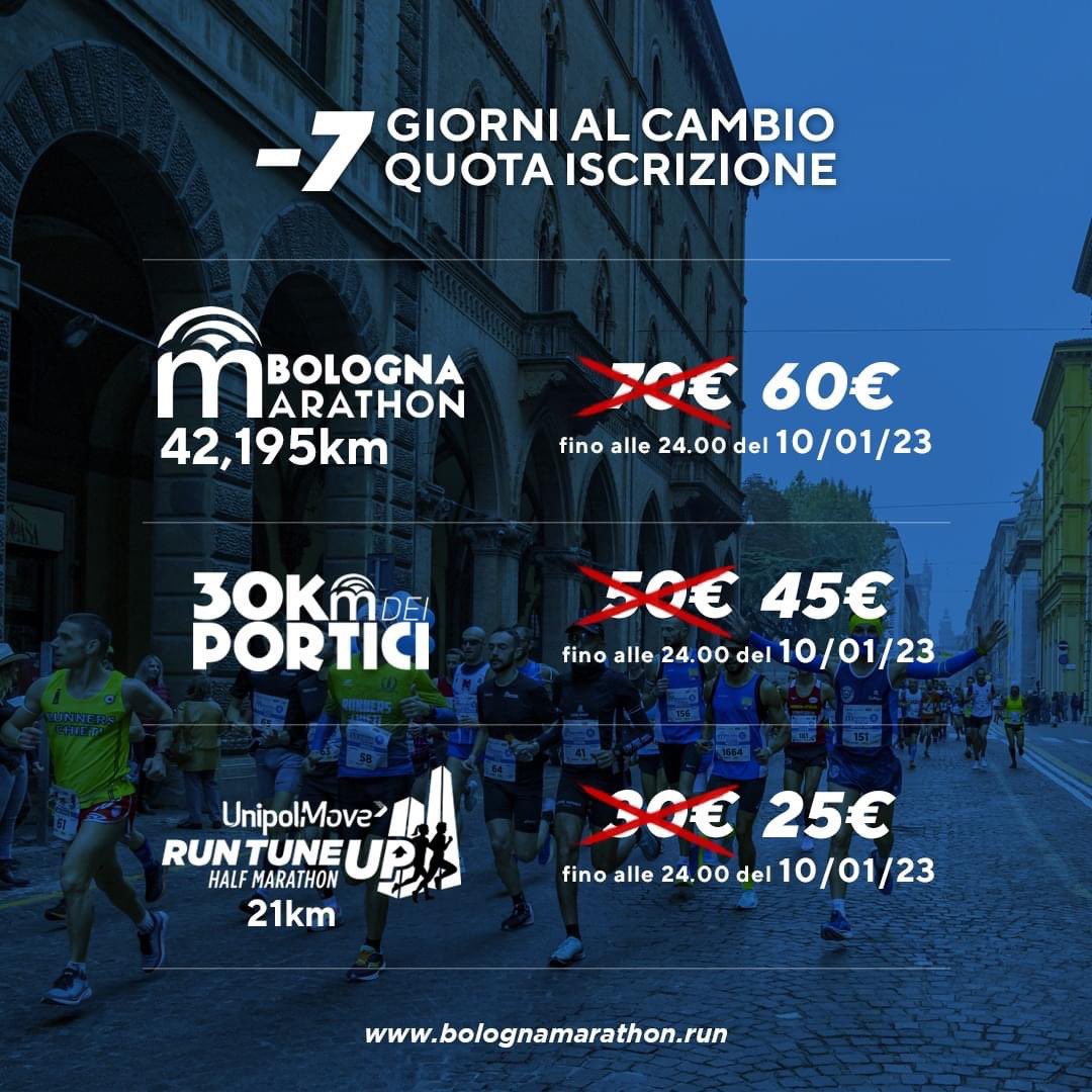 -7 al cambio tariffa per l’iscrizione alle tre distanze principali della Bologna Marathon!
Approfitta della promozione valida fino al 10 gennaio 2023 su bit.ly/BolognaMaratho… 😉

#BolognaMarathon #BM2023
#ComuneDiBologna #Bologna #Marathon #Maratona #Run