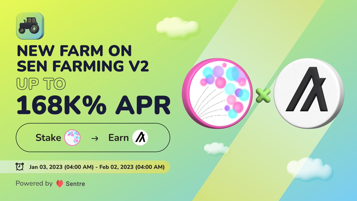 SentreProtocol's tweet image. What's new on Farming V2?
A New Year Gift to the Community up to 168K% APR with #XGLI Farm
⏳Ends: Feb 02, 2023
🏆Reward: 8,250 #XALGO
Connect your Solana wallet & get juicy profits from @GlitterFinance now!
👉 Details:academy.sentre.io/new-xgli-xalgo…
🧑🌾 Farm now:hub.sentre.io/app/sen_farmin…
