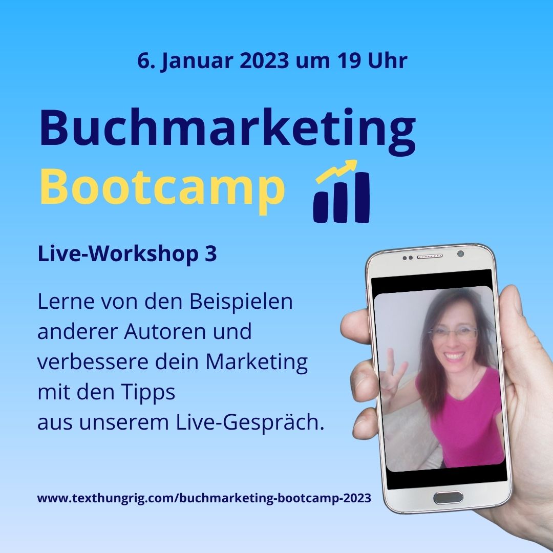 Vom 4.-6. Januar 2023 findet das Buchmarketing Bootcamp statt, wo du in 3 Live-Workshops Tipps und Best Practices zu Marketing hörst. Melde dich hier an:
texthungrig.com/buchmarketing-…

#buchveröffentlichen #buchvermarkten #buchmarketing #buchautoren #selbstverleger #autorencommunity