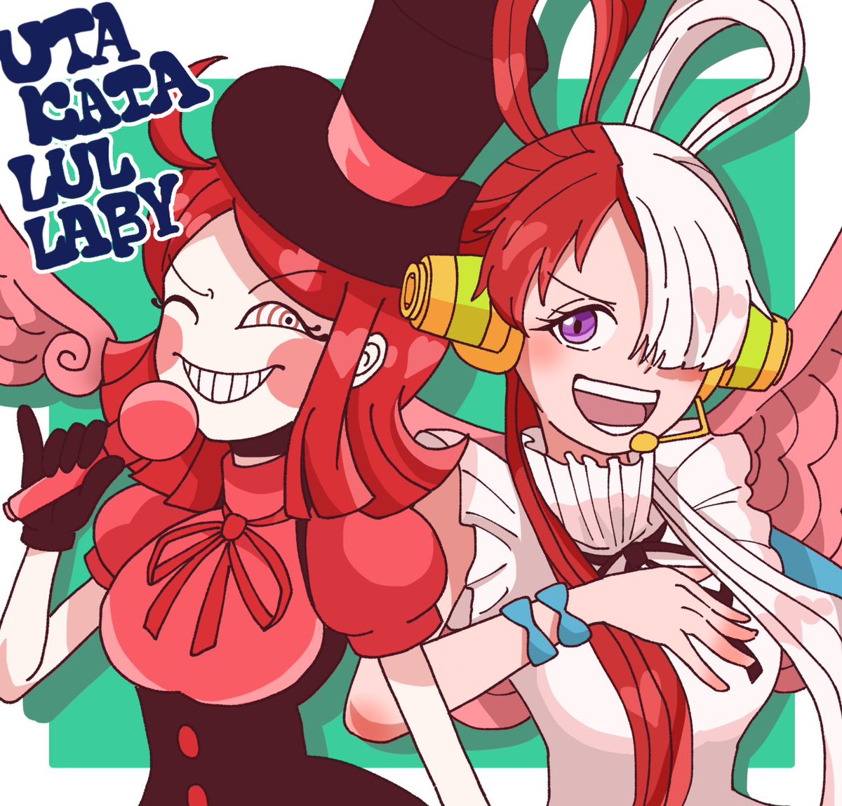 split-color hair 2girls red hair multiple girls hair over one eye microphone white hair  illustration images