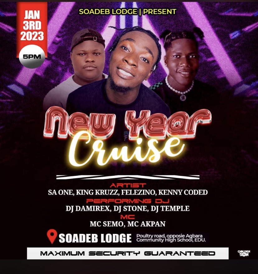 kenny__coded's tweet image. I’m gonna Be Outside Tonight at Soadeb Hotel for the New Year Cruise alongside @s.a_one1 @kingkruzz__ @djdamirex_claude and many more 
Come out guys let’s have some fun 
Host: @pf_yomi 
Team: @s.a_one1
#kenny__coded #flowking #flowkingonthisone @maxiblog_ng @maxiblog___ #repost