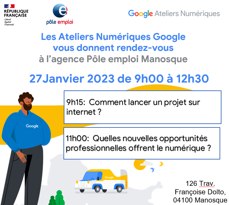 cruveille's tweet photo. LES ATELIERS NUMERIQUES GOOGLE ✨  🖥️
La semaine du numérique se déroulera du 2️⃣3️⃣ au 2️⃣7️⃣ Janvier 2023 !
Pour cette occasion, l'agence Pôle Emploi de Manosque accueillera @GoogleFR  au sein de son agence :)
#numérique #Emploi #atelier https://t.co/vy1WncDccQ