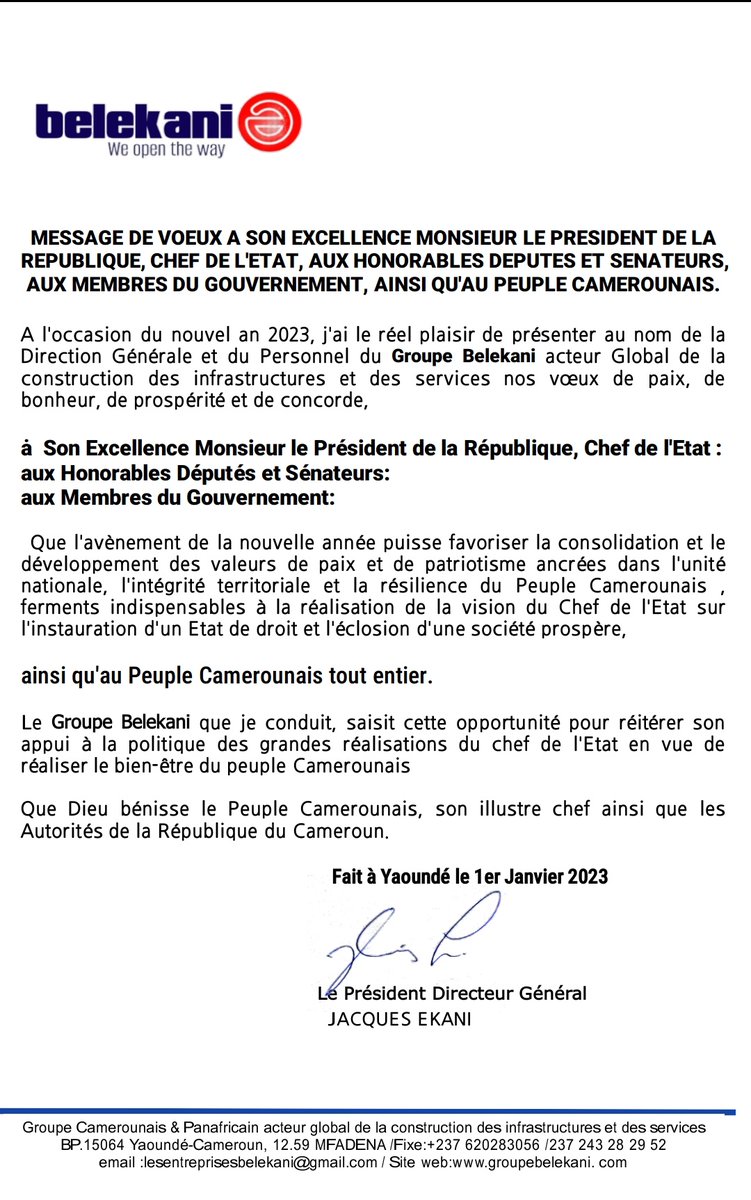 Mon message de vœux de nouvel l'an 2023, aux Président de la République du Cameroun,aux Honorables membres des 2 chambres parlementaires, aux Membres du Gouvernement et au Peuple Camerounais.
#PAULBIYA 
#Cabinetcivil
#Senat
#AssembleNationale
#PM
#Crtv
#GROUPEBELEKANI