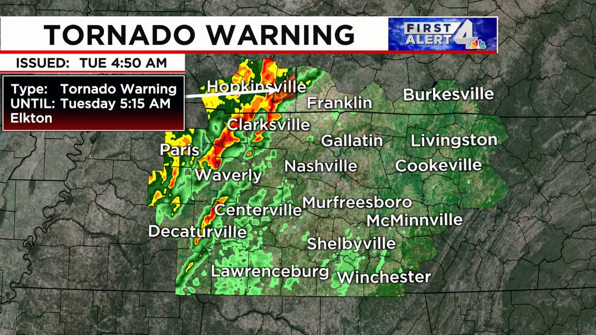 WSMV's tweet photo. TORNADO WARNING:  Take shelter immediately on the lowest floor &amp; away from windows if in the highlighted area.  Tune to WSMV NEWS4 for the latest on this dangerous storm. #FirstAlert https://t.co/2fN9jfEcfs