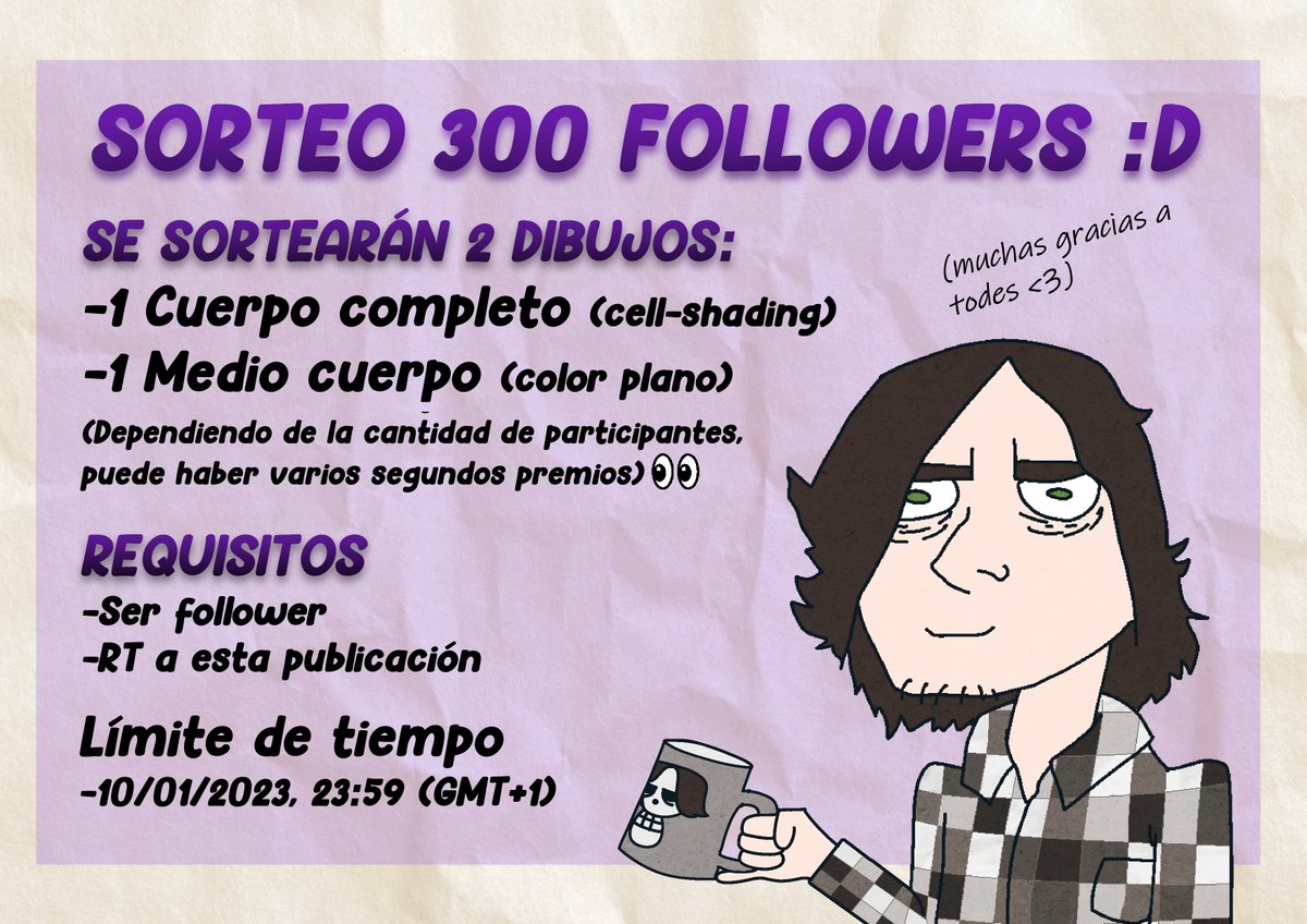 ¡Mil gracias por volver a llegar a número redondo! 💜

Toca sorteíto rico :3

Bases:
-No NSFW (aún no estoy listo, sorry)
-Fondo simple
-Puede ser fanart

Para participar, hay que ser follower y RT a esta publicación, tenéis hasta el 10/01/2023 (hora española)

¡Suerte!💜