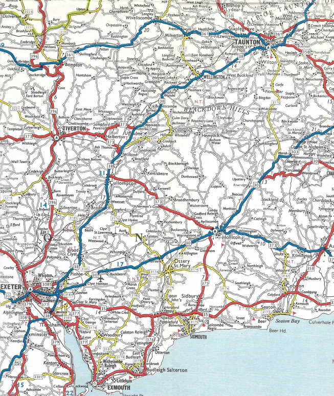 KendallsMaps's tweet photo. Recent purchase; a map I had as a child. 1965 Shell. Pictorial covers; motorways in green; trunk roads in blue. Here see the old route of the A35 in East Devon (soon after the A3052)

#eastdevon #shell #mapping #A35 https://t.co/qhFtLhhIs6