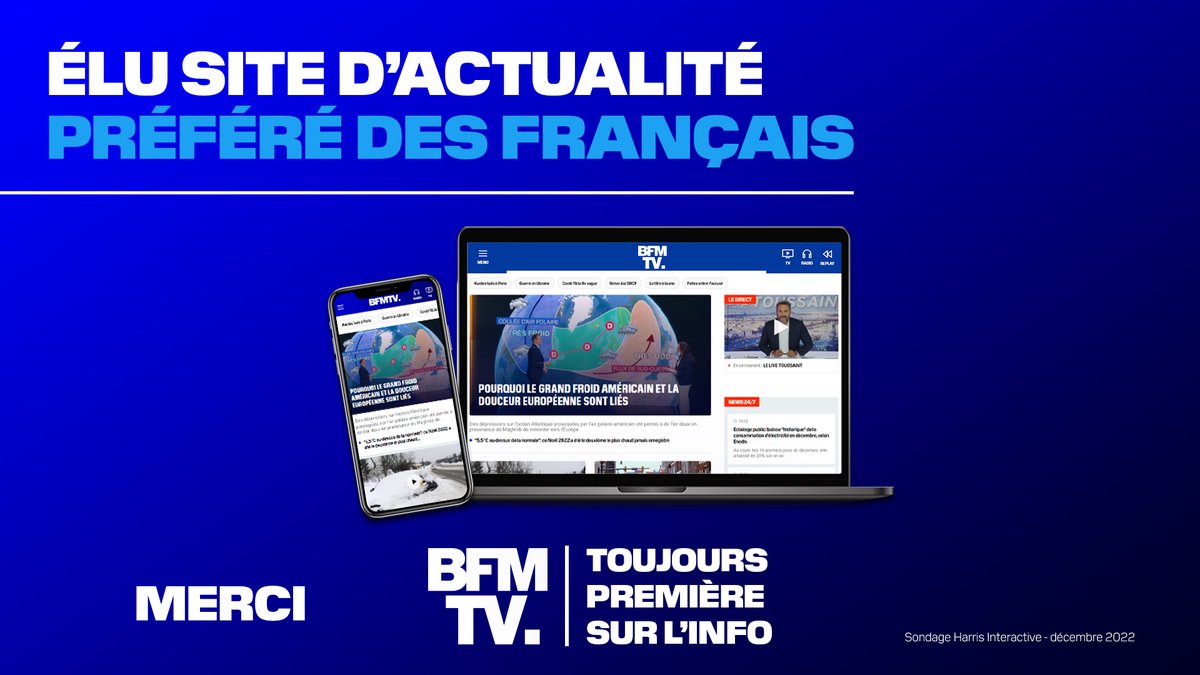 🏆BFMTV.com ÉLU SITE D'ACTUALITÉ PRÉFÉRÉ DES FRANÇAIS

🙏MERCI DE VOTRE FIDÉLITÉ À <a href="/BFMTV/">BFMTV</a>
👏FÉLICITATIONS AUX ÉQUIPES

(Sondage Harris Interactive - déc 2022)