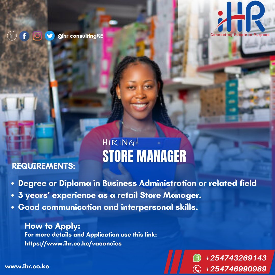 We are looking for a results driven retail Store Manager to be responsible for our client overall store management. Apply now deadline 15.01.2023 #IkoKaziKE #IkoKazi #ikokazikenya #JobsKE #jobskenya #kazi #storemanager #storemanagement #storemanagerjobs